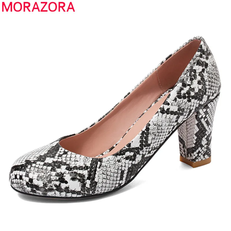 

MORAZORA Plus size 33-47 summer women pumps thick high heels round toe shallow party shoes pu leather snake ladies shoes