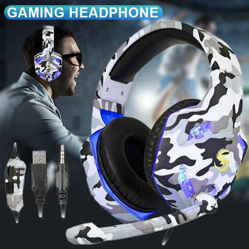 3 5mm Wired E sports Gaming Headset Camouflage White Headphones with LED Light and Mic for PC Laptop PS4 New X BOX