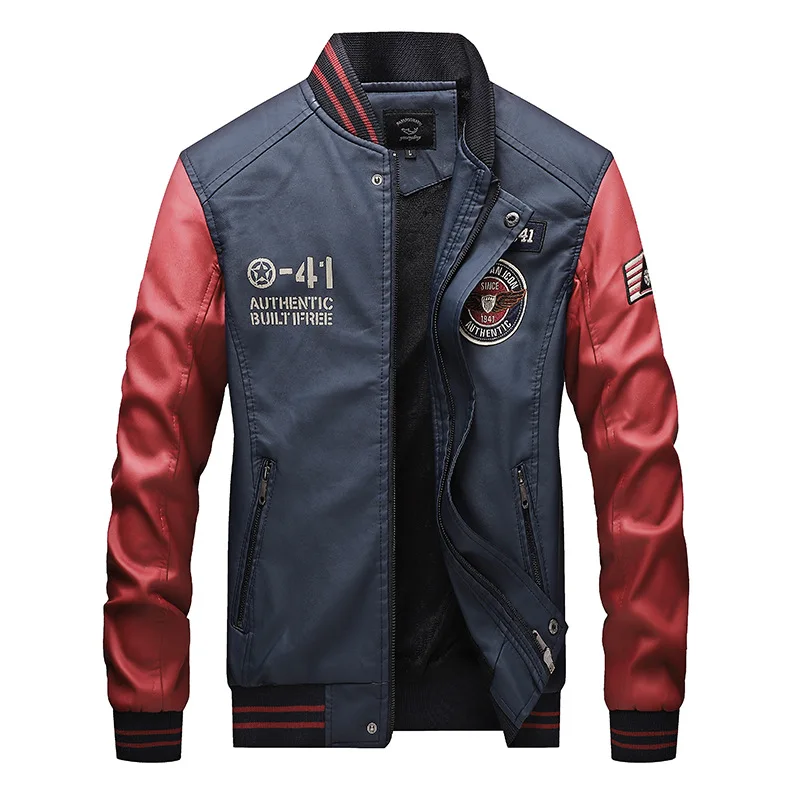 Men's Faux PU Leather Jacket Bomber Baseball Jacket Biker Motorcycle Coat Pilot Varsity Fleece College Leather Slim Fit Coats