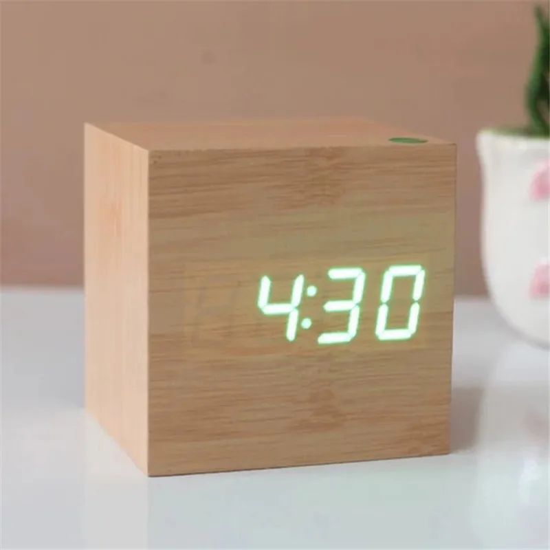 

Creative Square Wooden Bedside LED Alarm Clock Sounds Control Luminous LED Display Electronic Desktop Digital Table Clock