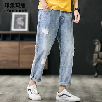

2020 summer thin light hole jeans male han edition relaxed joker ins straight nine points beggar pants