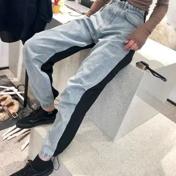 

Patchwork Pleats High Waist Sports Casual Loose Jeans for Women Distressed Jeans A2