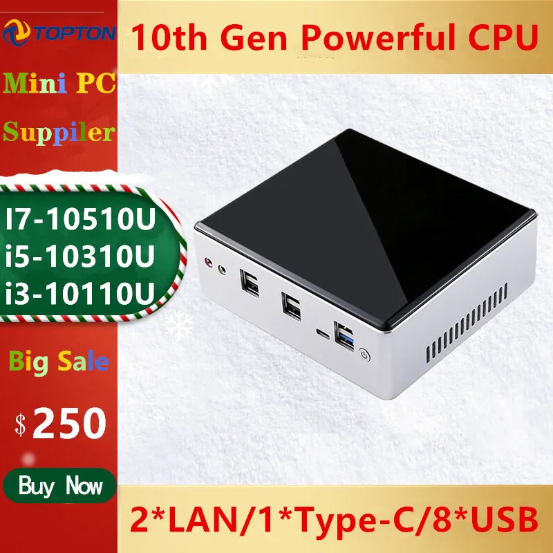 Tonton 10th Gen 2 Lan Mini PC Intel i7-10510U i5-10310U i3-10110U 2 * DDR4 M.2 NVMe NUC computadora Win10 Pro WiFi tipo-C-DP 4K HTPC