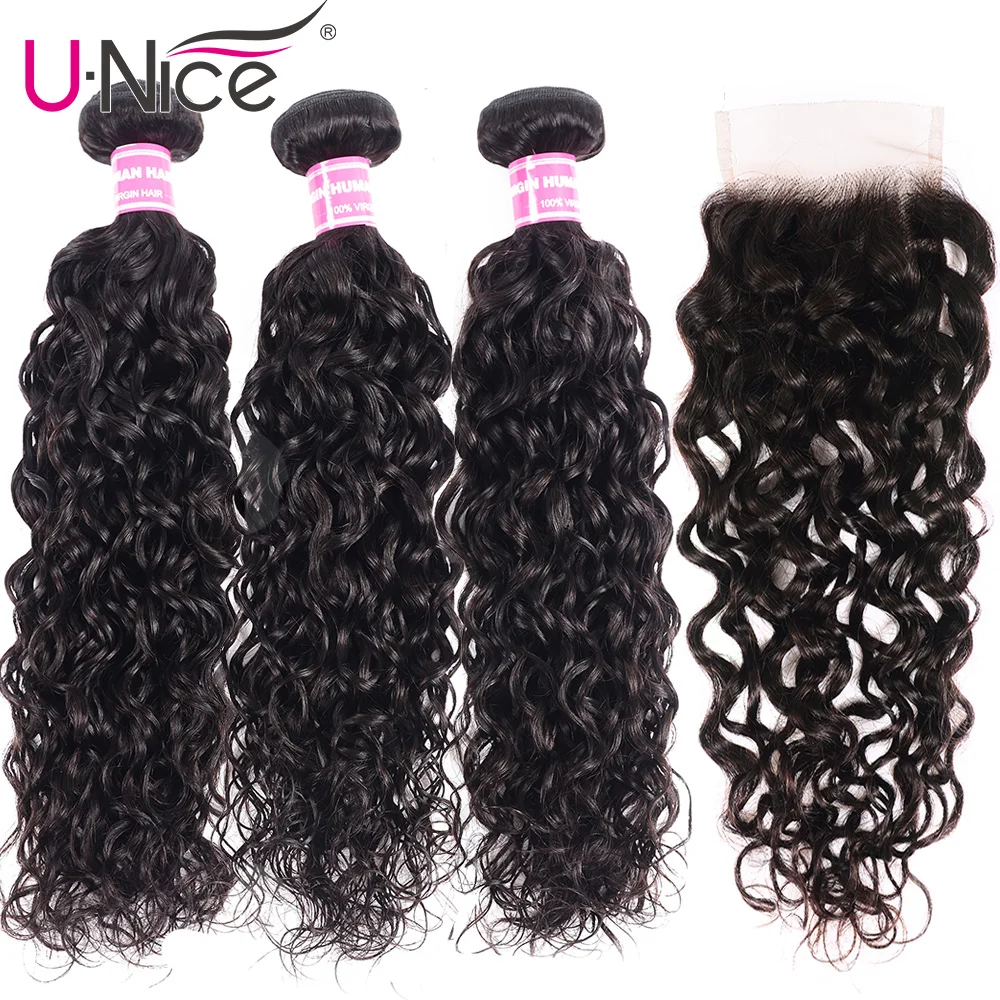 

UNICE Hair Brazilian Loose Water Wave Bundles With Lace Closure Human Remy Hair Extensions 3 Bundles With Lace Closure