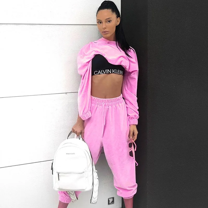 

Autumn Womens 2 Piece Tracksuit Outfits, Long Sleeve Solid Color Crop Hooded Top + Elastic Waist Joggers Set