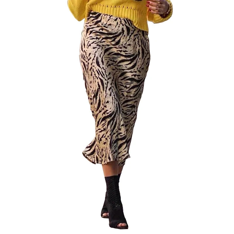 Tiger Skin Women Midi Skirts Spring-Summer Womens Vintage Boho Skirt Ladies High Waist Animal Print Jupe femme Faldas Mujer