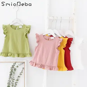 

2020 Children Summer Newborn Shirts Flying Sleeve Shirt Doll Yellow Lotus Leaf Lace Sleeveless Girls Top Blouse Shirts Tee 1-6y