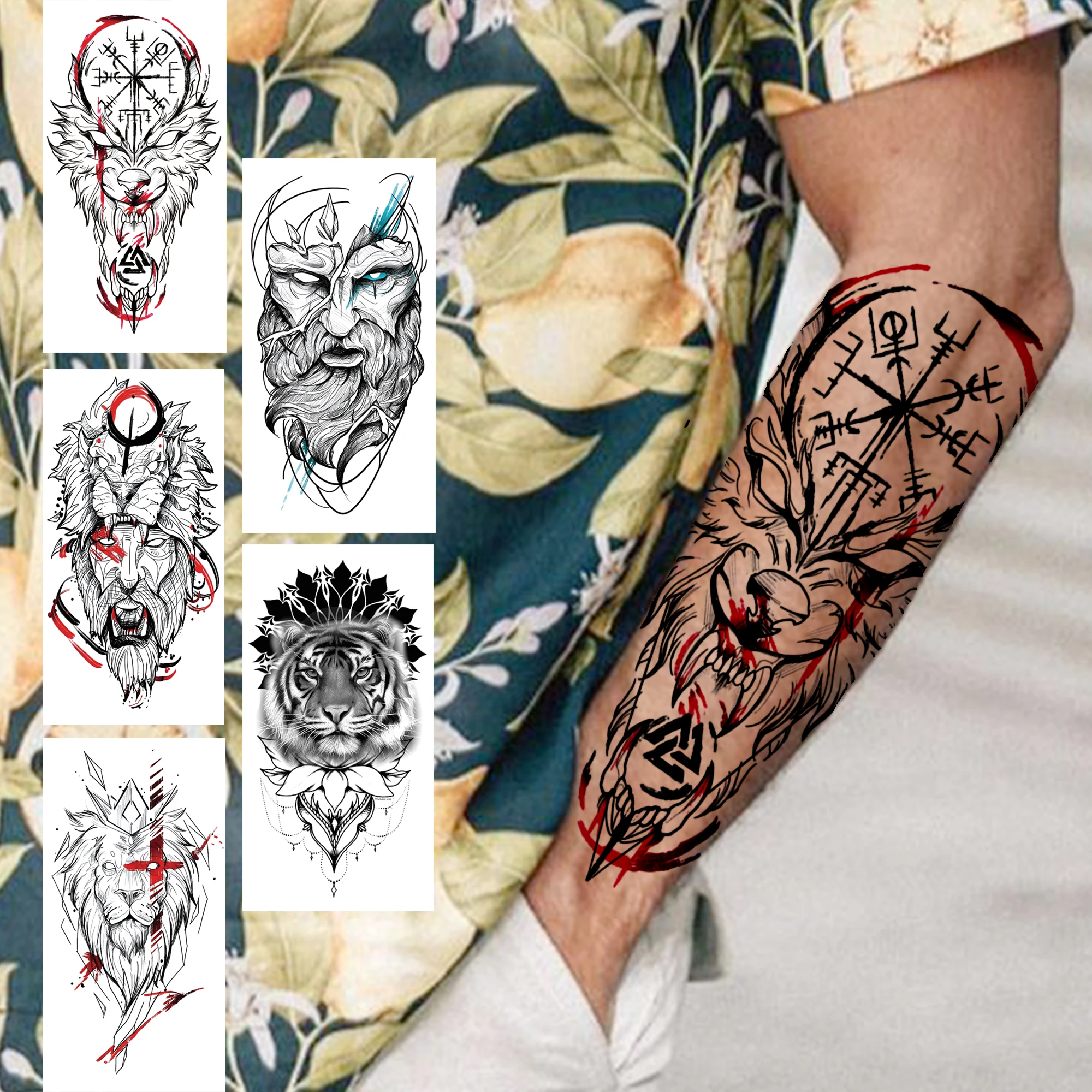 Compass Wolf Temporary Tattoos For Men Women Adult Fake Lion Tattoo Sticker  Tiger Black Tribal Body Art Drawings Tatoos Arm - Temporary Tattoos -  AliExpress