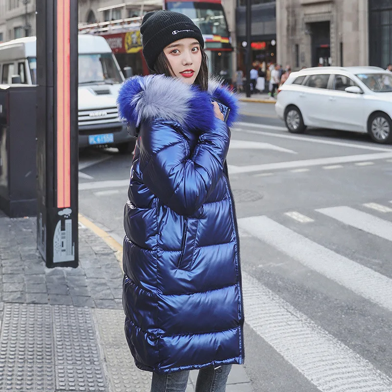 FICUSRONG Fashion Medium Long Glossy Down Parka Womens Winter Jackets Coats Warm Thicken Shining Babric Stylish Fur Ladies Coats - Цвет: Синий