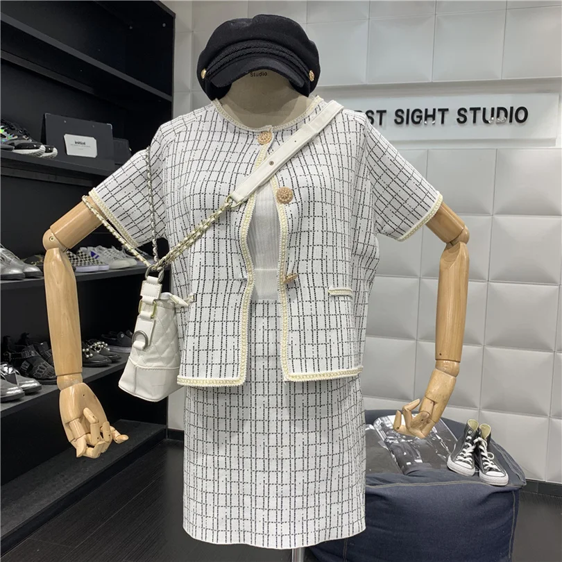 

Summer Chic Woman plaid suit 2 piece set short sleeve blouse + skirt suit white black 2 pcs suits
