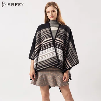 

LERFEY Women Autumn Winter Warm Poncho Capes Oversized Striped Shawls Wraps Cashmere Echarpe Pashmina Female Bufanda