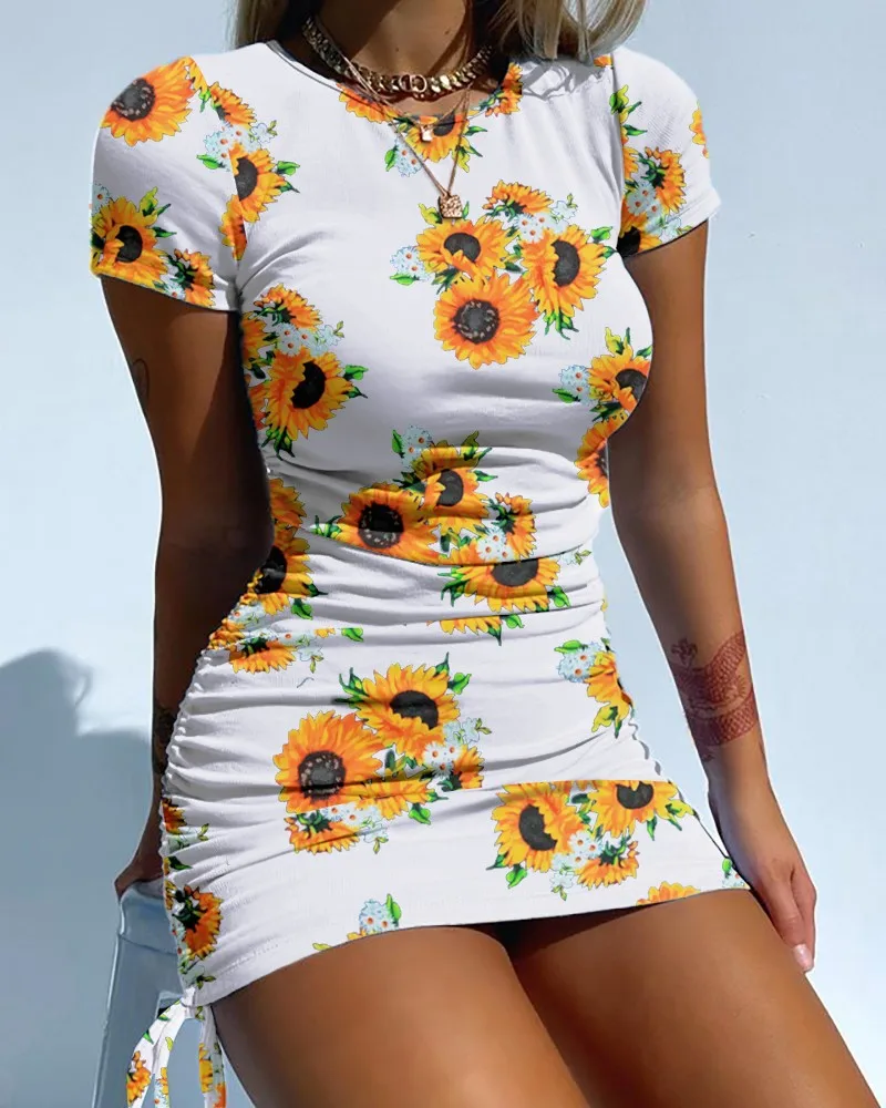 Vestido corto ajustado de girasol para mujer, Vestido corto ajustado con cordón para verano, 2020