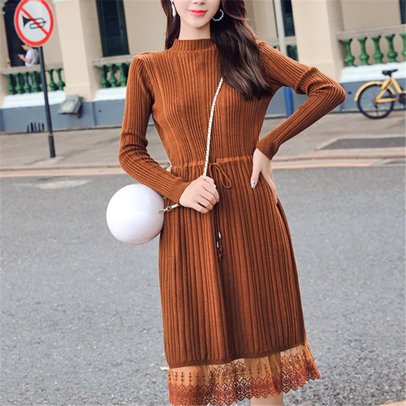 

Sweater Dress Korean Fashion Women High Waist Dresses Elegant Women Lace Knitted Dress Plus Size Women Sweater Dress Vestidos OL