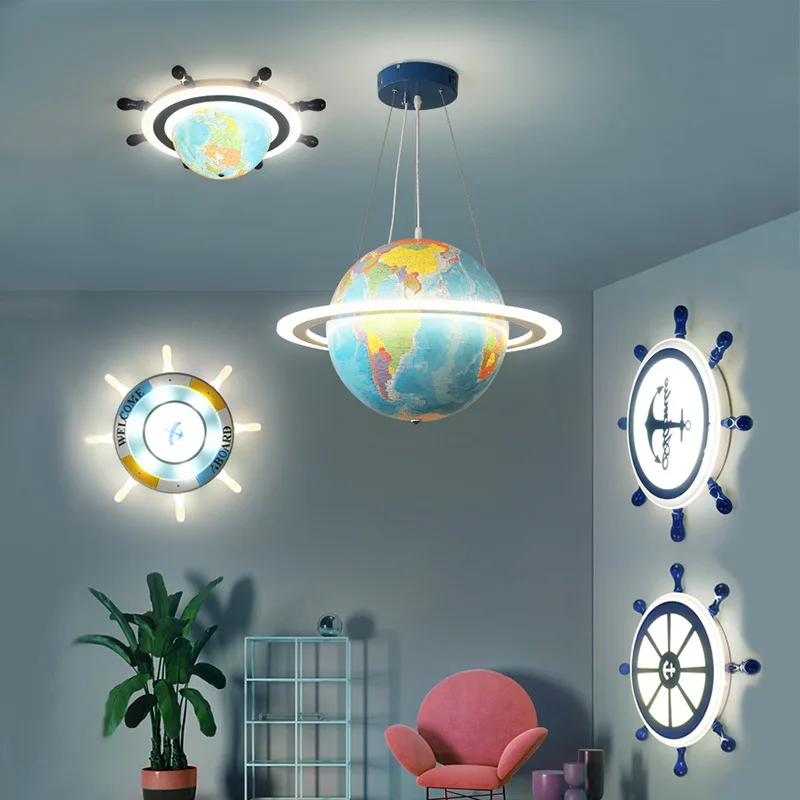 Modern Led Children's Room Lamp Creative Globe, Ship Rudder Ceiling Lamp, Remote Control Dimming Boy and Girl Bedroom Chandelier afbeelding