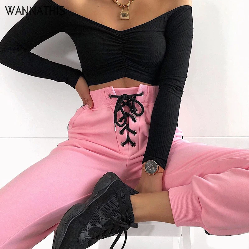Женские брюки-морковки WannaThis, повседневные хлопчатобумажные штаны с высокой талией на шнуровке, на осенний и зимний сезон, розовые шаровары для бега