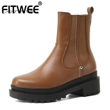 

FITWEE Real Leather Women Ankle Boots Stretch Slip On Thick Heel Shoes Round Toe Winter Warm Boots Party Footwear Size 33-41