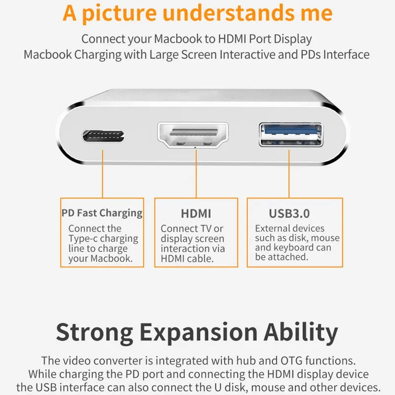 Type C USB 3,0-USB-C 4K HDMI USB 3,0 адаптер 3 в 1 концентратор конвертер адаптер для ноутбука Прямая поставка