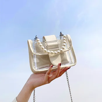 

Small bag female 2020 new ladies fashion pearl chain messenger bag hot sale transparent shoulder female bag small square bag