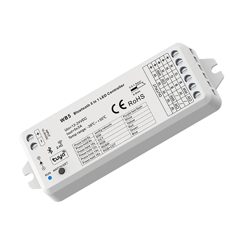 

Bluetooth-RF 5-in-1 LED controller WB5 voice control Control RGB, RGBW, RGB+CCT, color temperature or monochrome LED lights