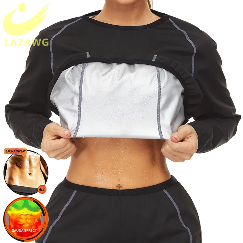 LAZAWG Sweat Shirt Women Weight Loss Long Sleeve Silver Coated Body Shaper Workout Waist Trainer Sauna Slimming Shapewear Tops