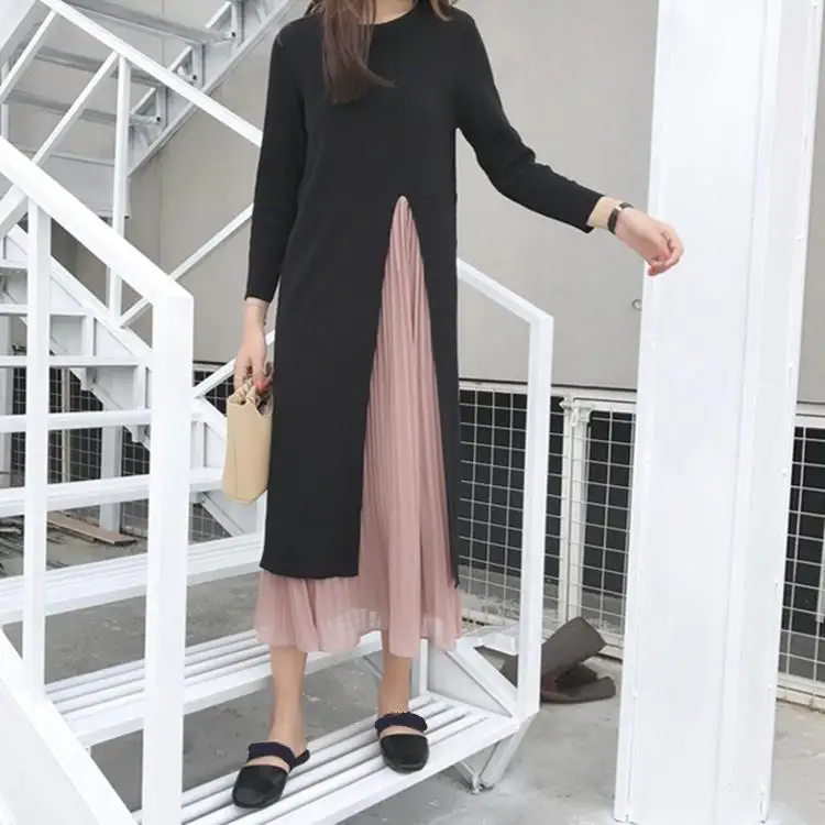 

2019 New Fashion Woman Patchwork Knitted Dress Ladies Black Midi Dress Spring Autumn Irregular A-Line Dresses