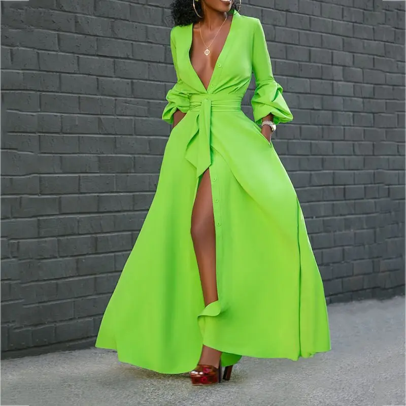 

Split Floor-Length Belt Lantern Sleeve Plain Pullover Maxi Dress Sexy Ladies Deep V Neck Club Casual Robe Party Elegant Vestido