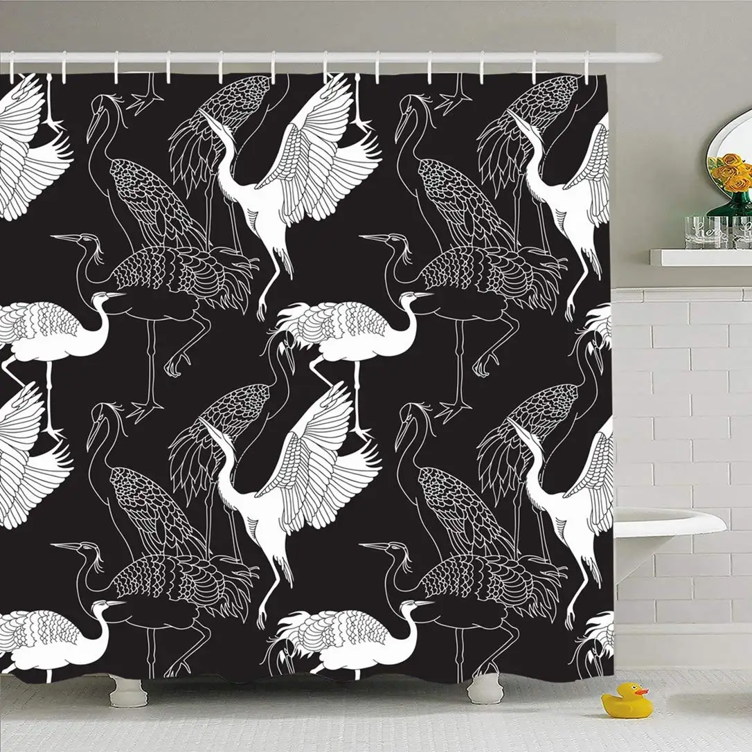 

Shower Curtain Set with Hooks 60x72 Cranes Birds Black White Pattern Japan Chinese Vintage Japanese Design Animals Wildlife