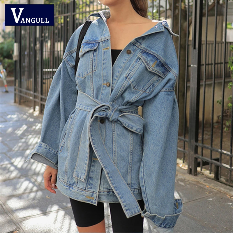 Vangull New 2020 Autumn Winter Women's Denim Jackets Sashes Lace Up Outerwear High Street Fashionable Blue Slim coat | Женская