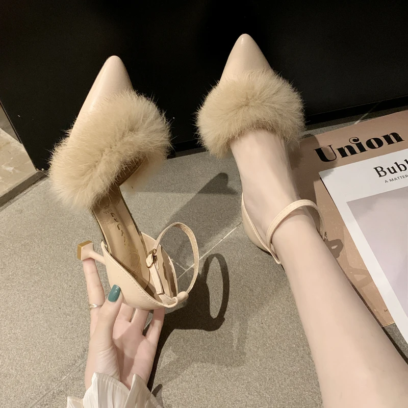 

Shoes women summer high heel stiletto pointed female sandals sequins fluff new beaded women's shoes women's W32-43