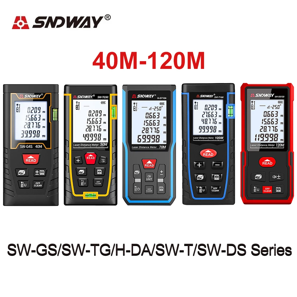 Medidor de distância a laser original de sndway 40-120m rangefinder com ângulo de área volume pitágoras medida 90 unidades ferramenta de medição de dados