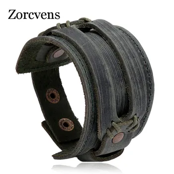 ZORCVENS New Fashion Men Wide Genuine Leather Bracelet Brown Wide Cuff Bracelets & Bangles Vintage Punk Wristband Men Jewelry