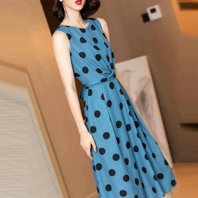 

2019 Spring Clothing New Style Elegant Elegant Hepburn Wind Long Skirts Blue Polka Dots Sleeveless Vest Dress-