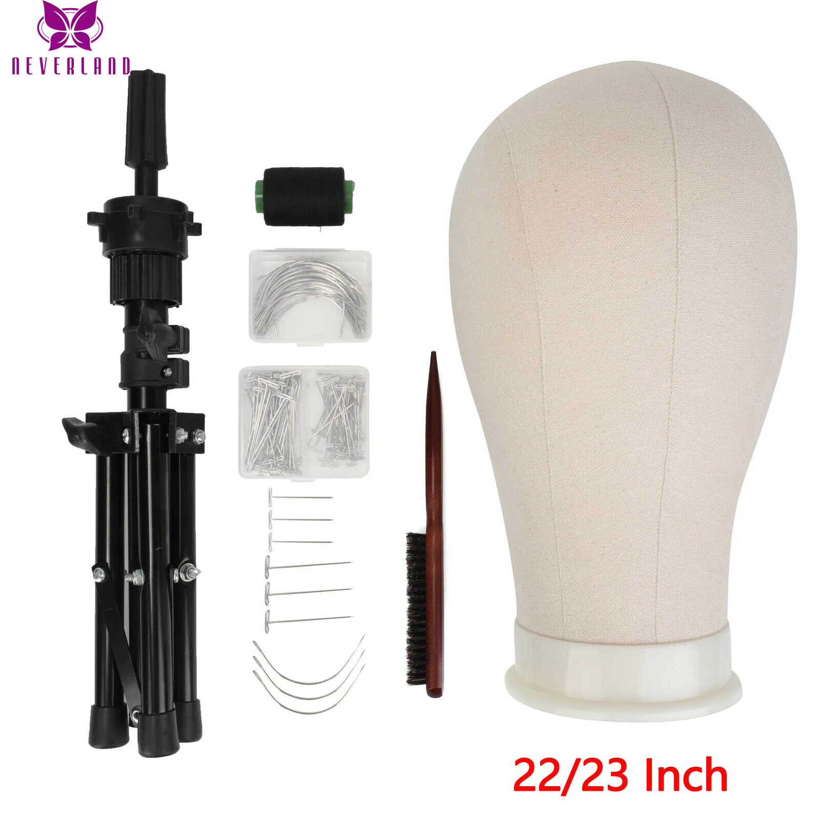 Cabeza de Maniquí de entrenamiento de 22/23 pulgadas, cabeza de bloque de lienzo, soporte para pelucas con agujas en T con trípode y peine