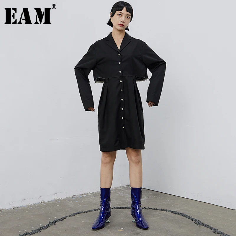 

[EAM] Women Black False Two Pieces Temperament Dress New Lapel Long Sleeve Loose Fit Fashion Tide Spring Autumn 2019 1B674