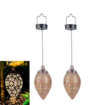 

Yonntech 2pcs Solar Power LED Hanging Lantern Light Metal Garden Yard Decor Olive Shape Lamp Rechargeable