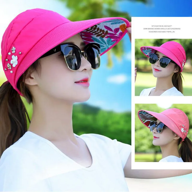 

2020 Simple Women Summer Beach Sun Hats Pearl Packable Sun Visor Hat With Big Heads Wide Brim Female Cap UV Protection