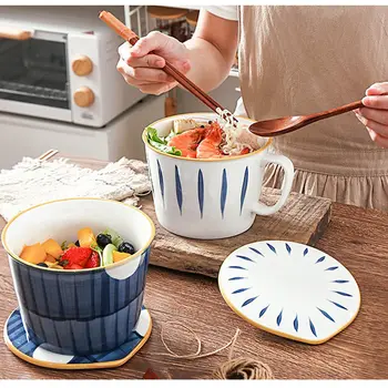 

Home Large Capacity Portable Tableware Office Heat Resistant Ceramic Soup Bowl Student Dormitory Instant Noodle Cup With Lid