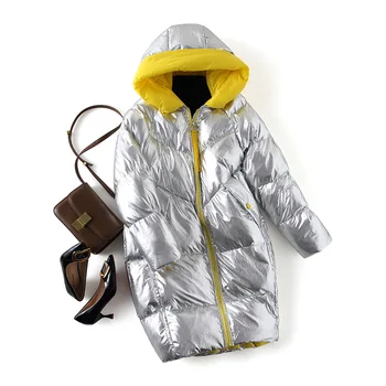 

Silver korean long down jackets womens quilted coat down parkas hooded thick warm outerwear fashion hip hop tops streetwear