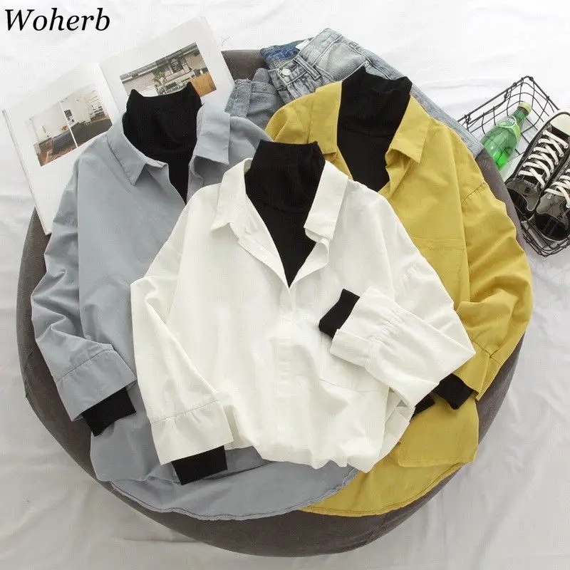 

woherb plus size long sleeve shirts contrast color patchwork casual loose blouse ladies fake two pieces Korean fashion new 91621