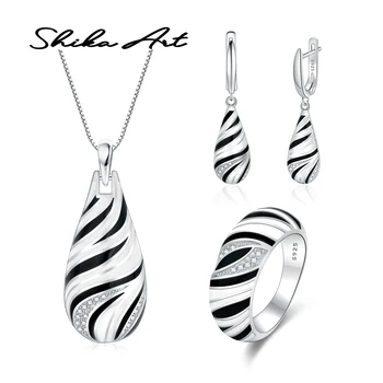 

SHIKA ART Jewelry Set For Women Genuine 925 Sterling Silver HANDMADE Enamel Black Zebra CZ Ring Earrings Pendant Fashion Jewelry