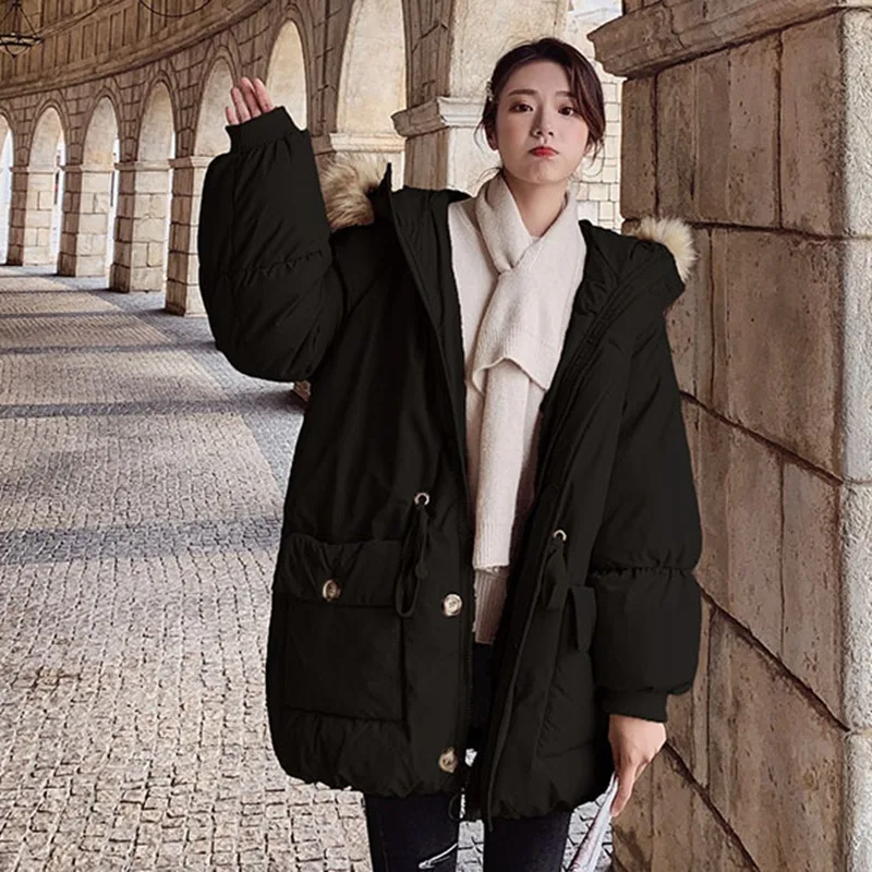 

2019 Chic New Style Khaki Mid-length Hooded Large Fur Collar Lantern Sleeve Drawstring Waist Hugging Korean-style Cotton-padded