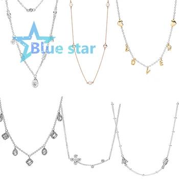 

Bule Star 100% 925 Sterling Silver pandoras 1：1 Loved Script Contemporary Pearls Chandelier Droplets Sparkling Arrow Necklace
