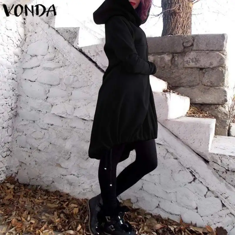 Осенне-зимнее платье повседневные однотонные платья с капюшоном и длинными рукавами VONDA богемные пляжные Вечерние платья Vestido, большие размеры, модный халат S-5XL