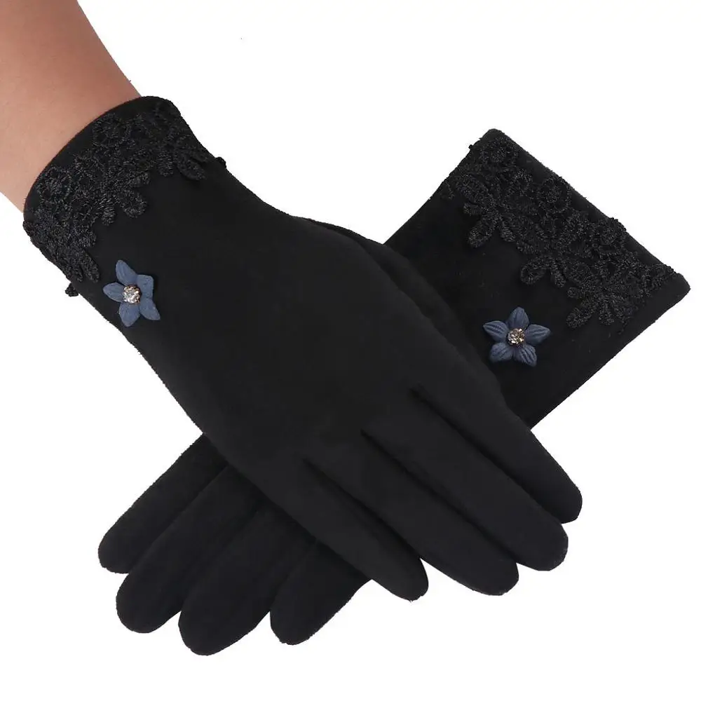 Lace Flower Black Женские перчатки бархатные сохраняющие тепло перчатки для сенсорного экрана ветрозащитные зимние перчатки варежки перчатки для велоспорта guantes muje - Цвет: Lace Flower Black