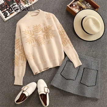 

Women Winter Thicken 2-Piece Suits Turtleneck Long Sleeve Fashion Pullovers Tops+High Waist Striped Micro Skirt Outfits