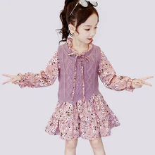 Детская одежда жилетка и платье в комплекте Одежда для девочек цветочный костюм со складками для девочек, Осеннее шифоновое платье модные зимние детские костюмы