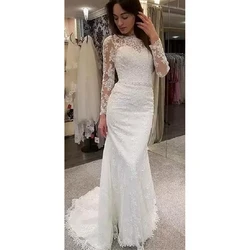 Vintage Full Lace Wedding Dress Long Sleeves V Back Charming Bridal Gowns O Neck Little Train Marriage Party Robe De Mariée 2022