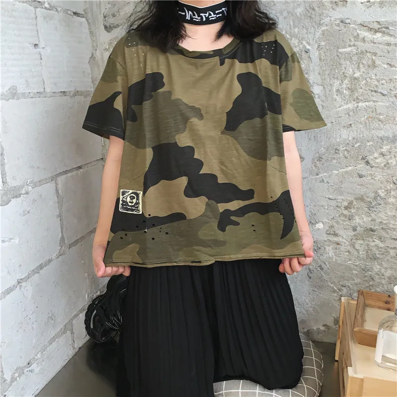 Gaganight камуфляжная женская футболка с коротким рукавом Harajuku модная женская футболка с дырками BF Стиль винтажные корейские короткие футболки для девочек