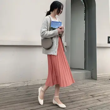 

Elegant Solid Midi Pleated Skirt Women Autumn Ladies Red Black High Waist School Long Skirt Female korean fashion clothing