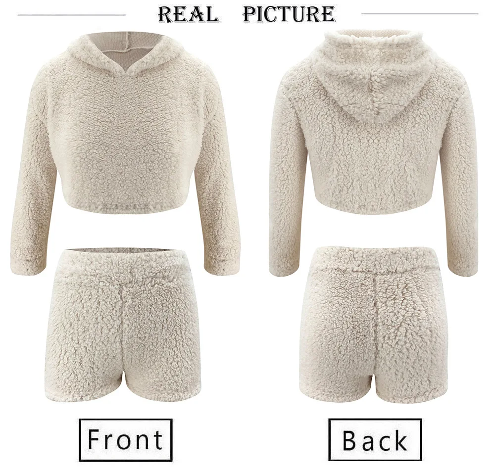 2PCS/Sets Sexy Fluffy Suits Velvet Plush Hooded Sleepwear Shorts+Crop Top Women Tracksuit Casual Sports Set Overalls Sweatshirts